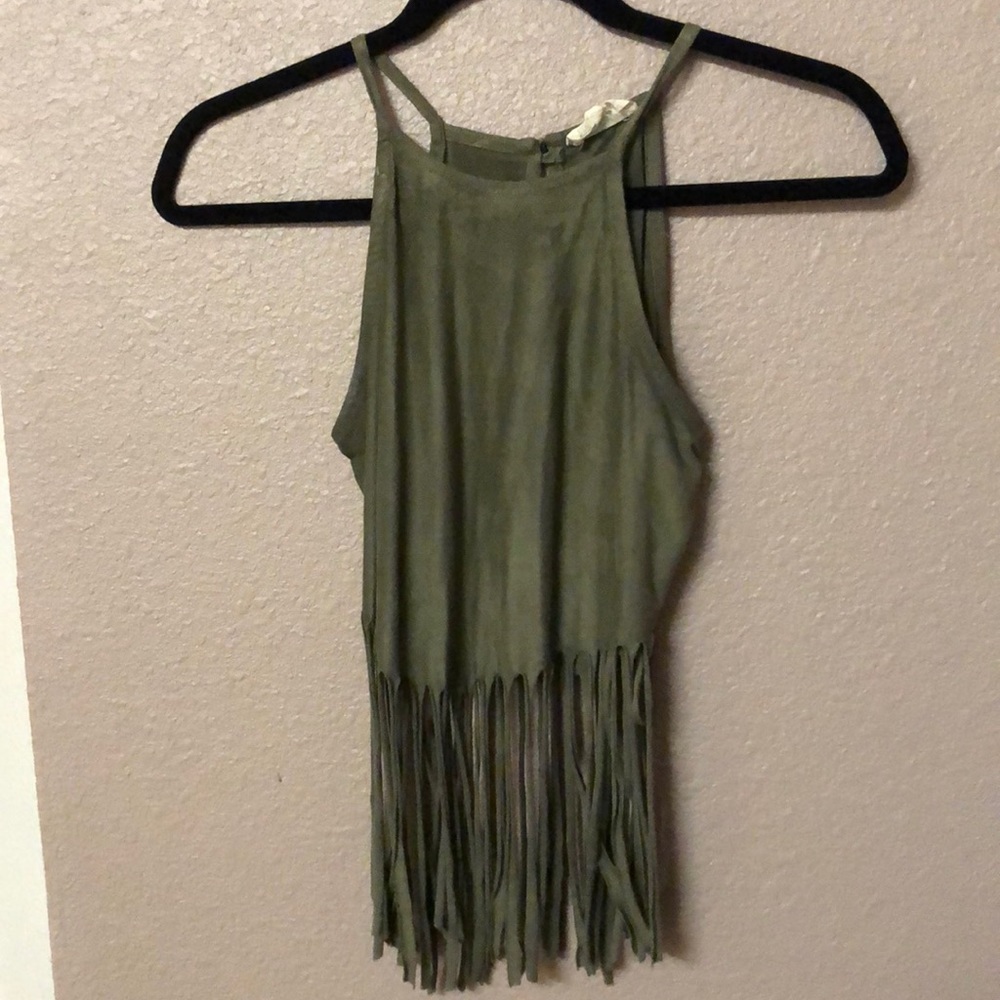 Green fringe crop top